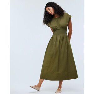 Smocked-Waist Midi Dress in Stripe Seersucker XS